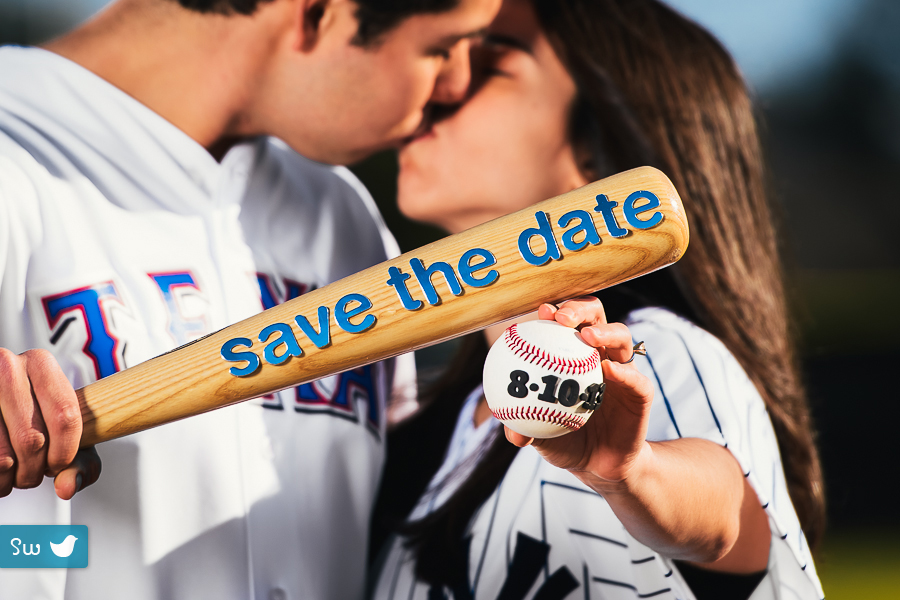 save the date card cute engagement photography with baseball and bat in austin, texas