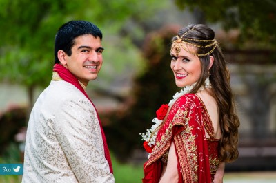 Bride and groom first look before Indian Hindu wedding ceremony at Lost Pines Resort