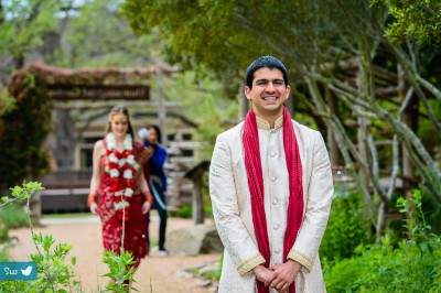 Bride and groom first look before Indian Hindu wedding ceremony at Lost Pines Resort