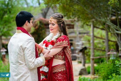 Indian hindu wedding couple during first look at Hyatt Lost Pines Resort, Bastrop, Tx