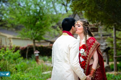 Indian hindu wedding couple during first look at Hyatt Lost Pines Resort, Bastrop, Tx