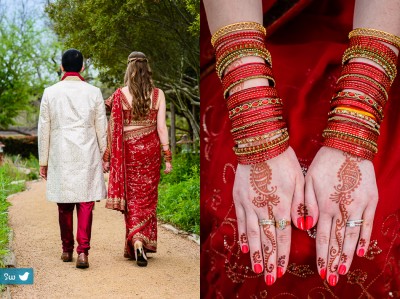 Indian hindu wedding couple during first look Lost Pines, detail of bride's Mehndi Henna hands