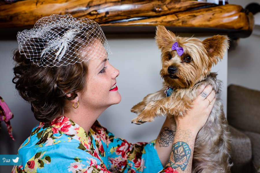 Bride getting ready with dog at Montesino Ranch by austin wedding photographer