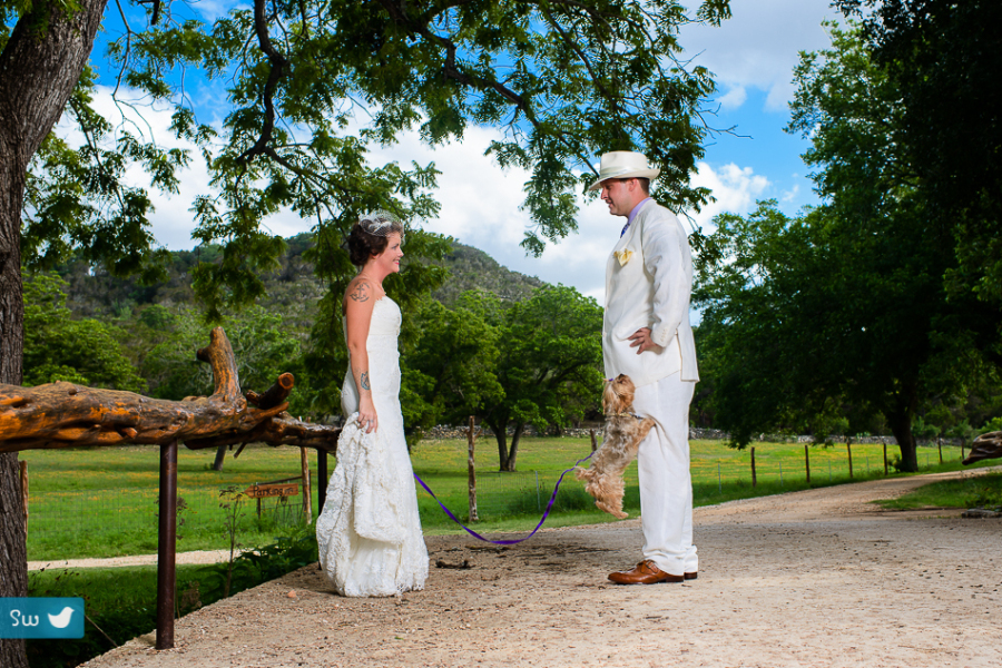 Bride and groom portrait with excited doggie at Montesino Ranch by Austin Wedding Photographer