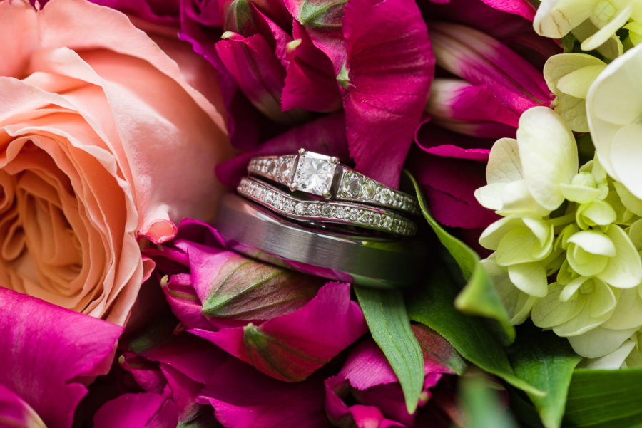 Diamond ring details with bouquet flowers by austin wedding photographers