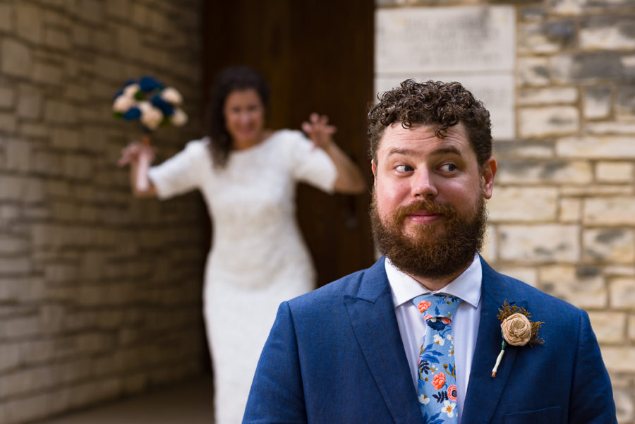 Austin-Wedding-Photographers-groom-first-look-surprise-funny-bride