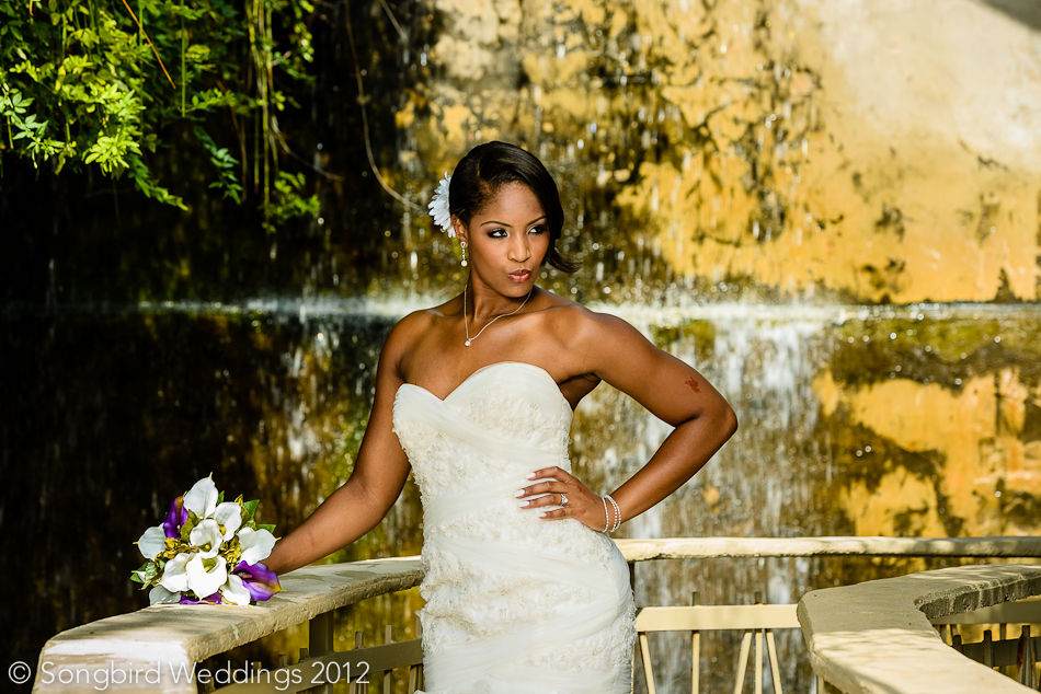 bride posing for wedding portrait next to villa antonia waterfall