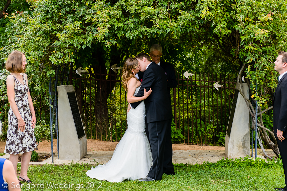 zilker botanical gardens wedding ceremony kiss in austin, texas