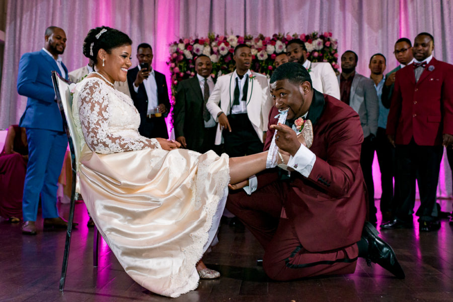 Garter toss at Sterling Events Center by austin wedding photographers