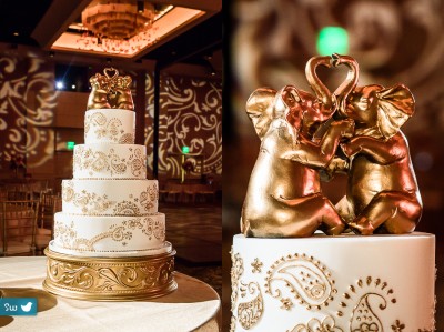 Indian Hindu wedding cake with elephant topper and Mehndi Henna designed cake with gold icing