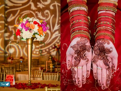 Indian Hindu Wedding details of flowers and mehndi henna hands of bride