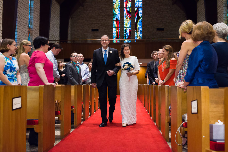 ceremony-Austin-Wedding-Photographers-bride-father-central-church-presbyterian-aisle