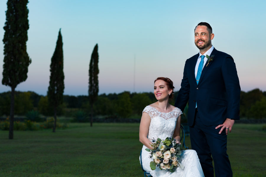 Sunset evening fine art portrait of bride groom Le San Michele austin wedding photographers