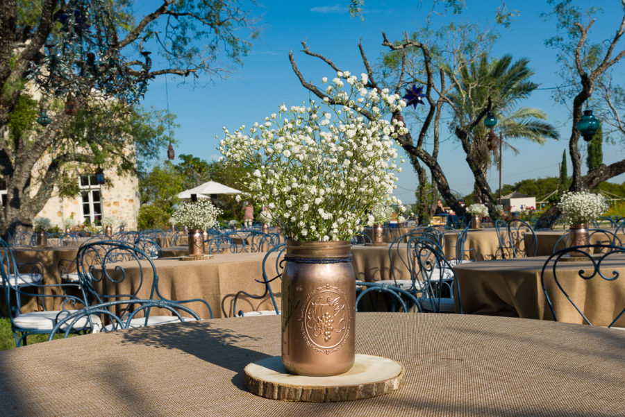 Gold painted mason jar baby breath austin wedding photographers Le San Michele