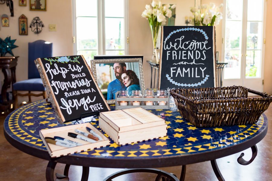 Austin wedding photographers Jenga puzzle reception signs Le San Michele