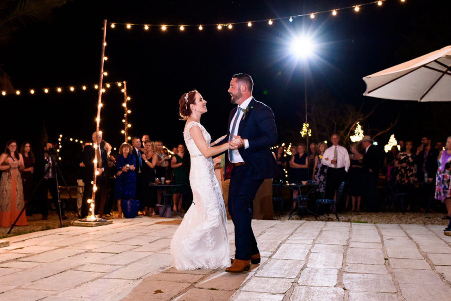 austin wedding photographers first dance outdoor evening night lights le san michele