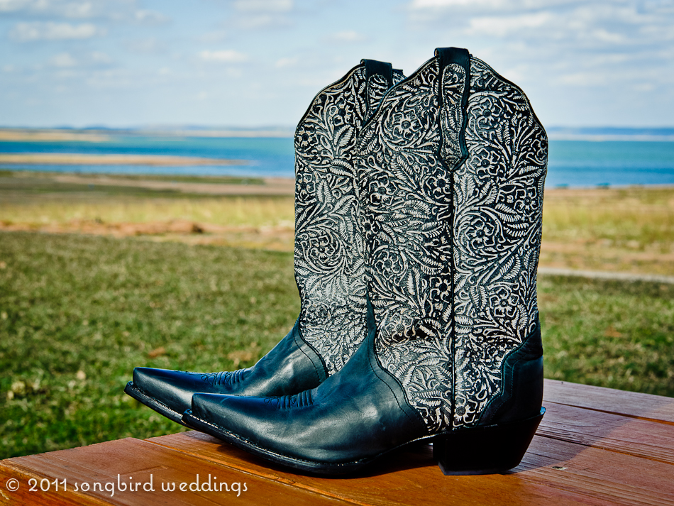 Cowboy boots worn by bride for wedding outside of Austin, Texas by the lake